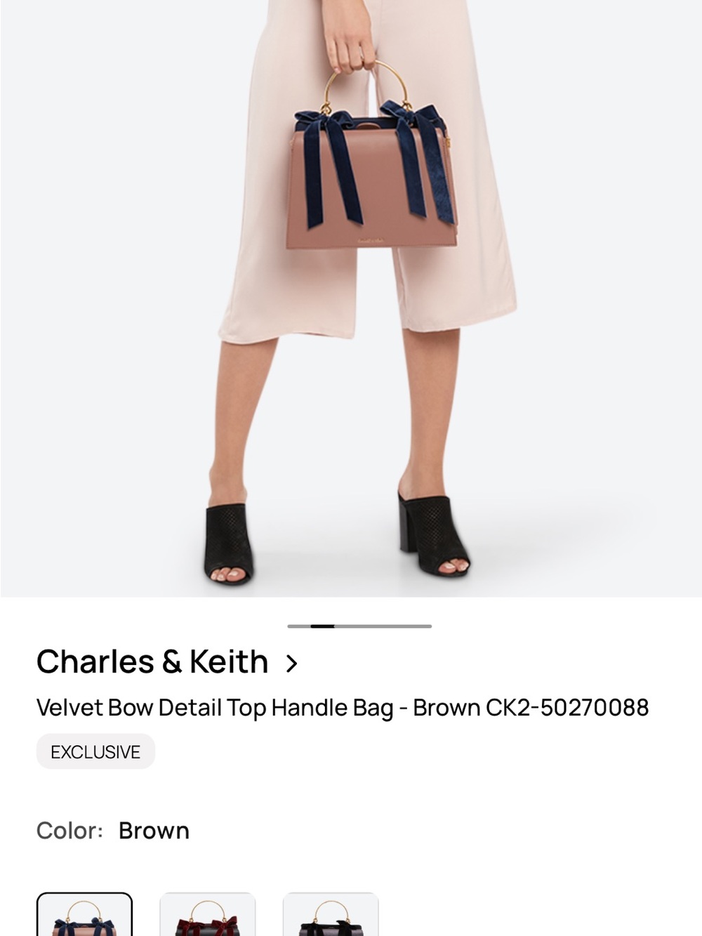 Charles and Keith Velvet Bow Detail Top Handle Bag - Mauve CK2-50270088 - Picture 2 of 9